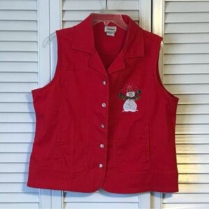 Women's Red Vest with Snowman Embroidery